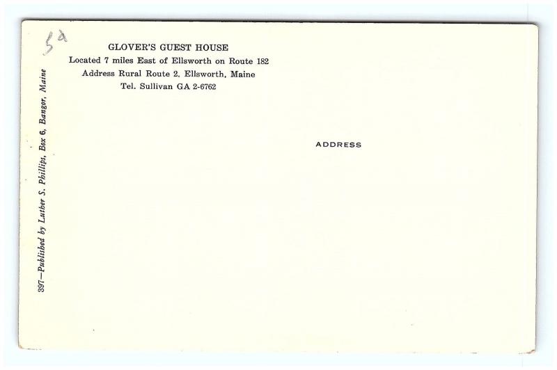 Postcard ME Ellsworth Glover's Guest House  G11