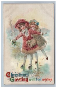 Early Christmas Greeting Postcard Girls Ice Skating Embossed Made in Germany