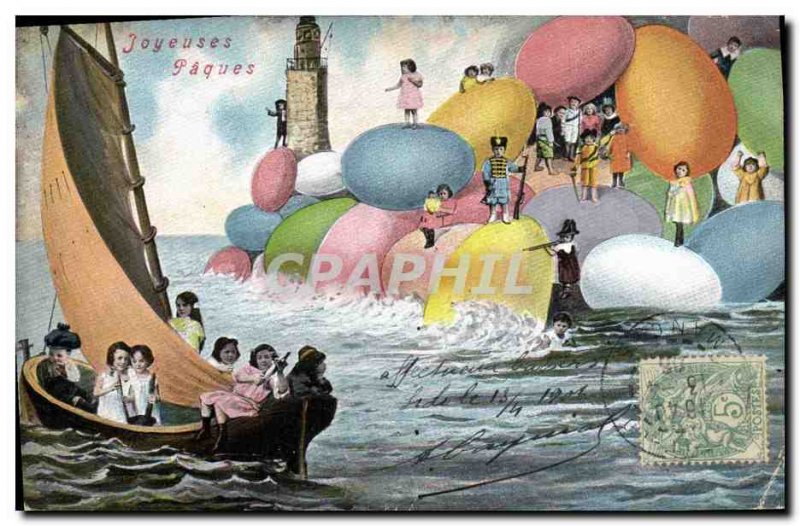 Old Postcard Fun Children Bebe Happy Easter Boat