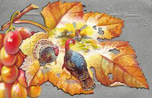 Thanksgiving~Turkeys on Autumn Maple Leaf~Grapes~Silver Back Emboss~Nash 14~1908
