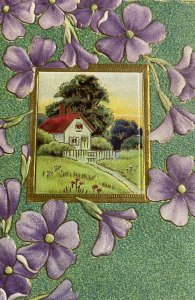 Early 1900s Postcard Raised Embossed Landscape Farmhouse Floral Vintage