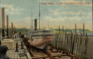 Portland OR Ocean Steamer Ship in Dry Dock c1910 Postcard