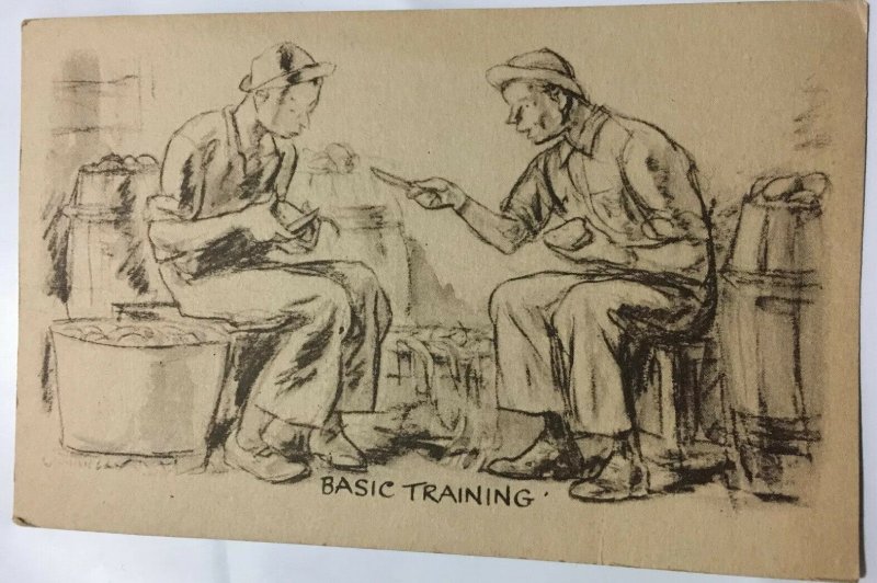 WWII Basic Training Army Postcard Comic Military Soldier 1940s Peeling Potatoes