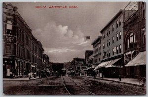 Waterville Maine c1910 Postcard Main Street Streetcar Cars Stores