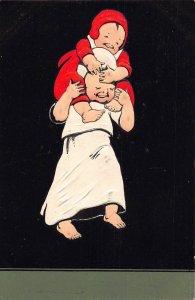 Children Girl in Night Gown Caring Baby in Red Gown 1907 embossed postcard C359