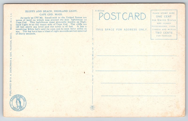 Cape Cod Massachusetts~Bluffs And Beach @ Highland Light~Vintage Postcard