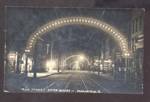 MANSFIELD OHIO DOWNTOWN STREET SCENE AT NIGHT 1908 VINTAGE REAL PHOTO POSTCARD