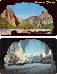 2~Postcards CA California  WAWONA TUNNEL  Summer & Winter~Icicles YOSEMITE PARK