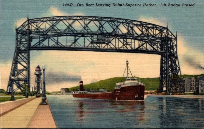 Minnesota Ore Boat Leaving Duluth-Superior Harbor Lift Bridge Raised Curteich