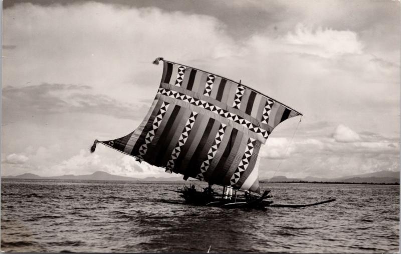 People on Boat Sail Sailboat Unknown Location Unused Real Photo Postcard D40