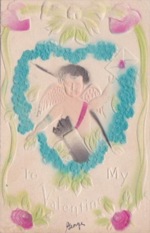 Valentine's Day Cupid With Heart Of Blue Flowers 1909