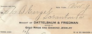 1912 DATTELBAUM & FRIEDMAN SCRANTON PA DIAMOND JEWELRY BILLHEAD INVOICE Z2271