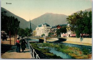 Meran Italy Waliking Along The River Catle Buildings in Distance Postcard