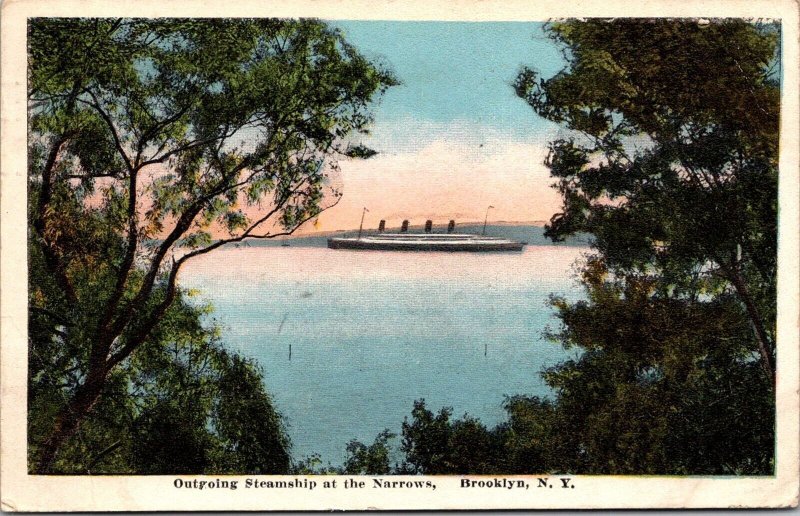 Outgoing Steamship at the Narrows, Brooklyn NY c1920 Vintage Postcard V57