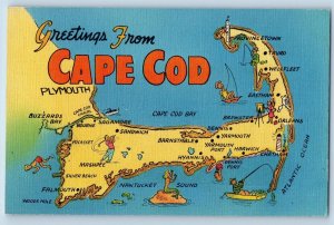 Cape Cod Massachusetts MA Postcard Large Letter Greetings Map c1940s Vintage