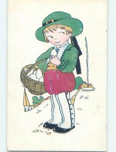 Unused Pre-Linen foreign signed FRENCH BOY HOLDS BASKET OF EGGS J5175