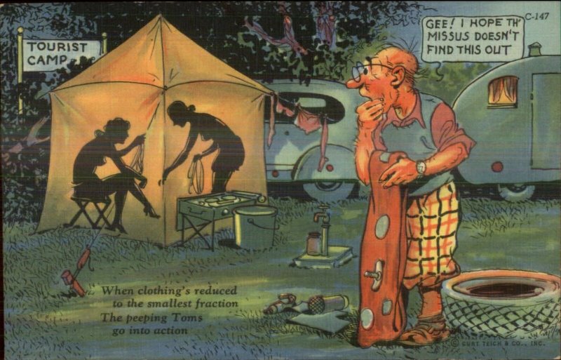 Saucy Comic Postcard 1960's Big Boobs Camping Tent Sleeping Bag