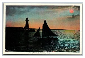 Vintage 1920's Postcard Sailboat and Lighthouse on the Lake Lorain Ohio