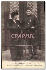 Postcard Old Medaille War 1914 A hero and his mother's Corporal Andre Bourgoin