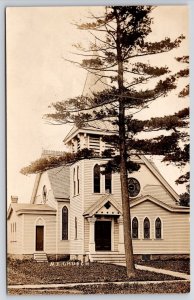 Church M.E. White Church Cathedral Wood Stained Windows Real Photo RPPC