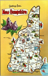 Vtg 1960 Greetings from New Hampshire NH Map Highways Towns Attractions Postcard