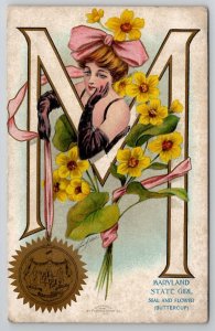 Maryland State Girl Seal And Flower Buttercup c1907 Unp Postcard X24