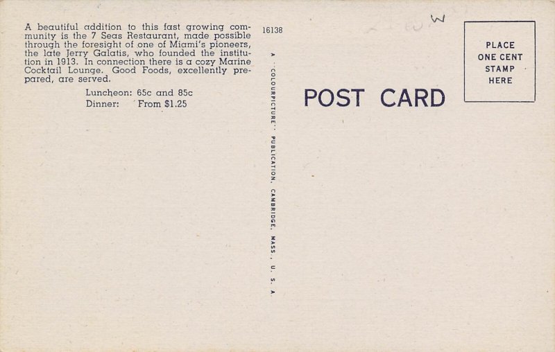 Seven 7 Seas Restaurant Miami Florida 1940s linen postcard