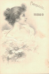 Jugendstil Woman Marguerite Embossed Vintage Postcard 08.13