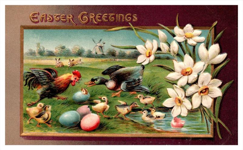 Easter   Rooster, Mallard, chicks, colored eggs