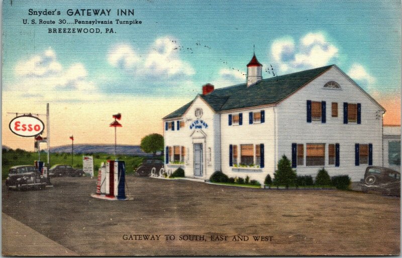 Postcard PA Breezewood Snyder's Gateway Inn Route 30 Cars Gas Station