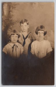 RPPC Three Children Little Flapper Girls Hair Studio Portrait Postcard G23