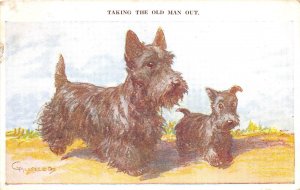 US31 artist signed 1950 Yorkshire UK dogs painting taking the old man out