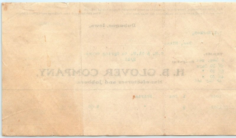 1903 Dubuque, IA H.B. Glover Letterhead Clothing Receipt Invoice Spring Grove R1