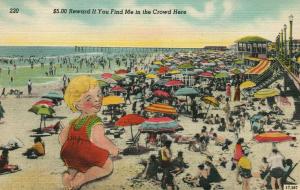 BEACH CROWD EXAGGERATED VINTAGE POSTCARD collage