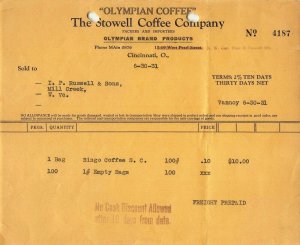 CINCINNATI OHIO~STOWELL COFFEE COMPANY-OLYMPIAN COFFEE~1931 BILLHEAD
