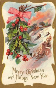 Merry Christmas & Happy New Year Snow Sleds Holly Leaves c1910s Vintage Postcard