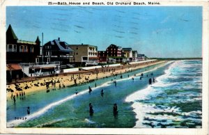 Postcard ME Old Orchard Beach York County Bath House & Beach Scene 1938 J7