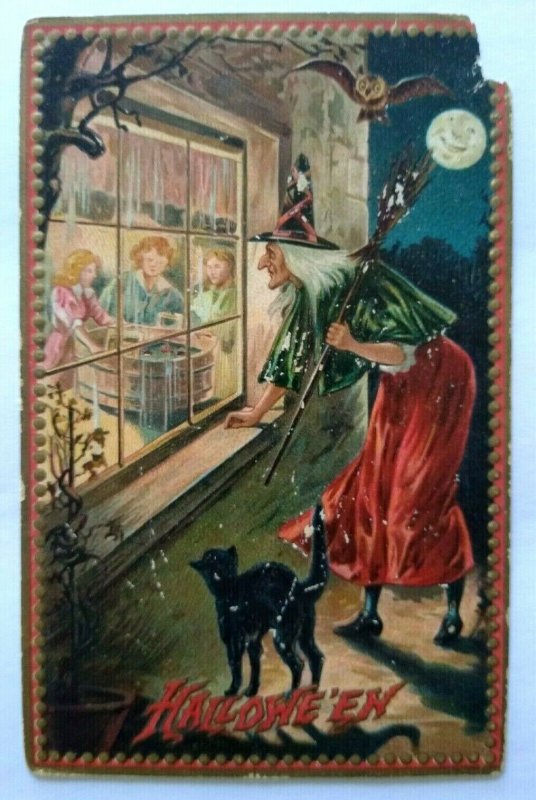 Tucks Vintage Halloween Postcard Witch Looks Through Window Embossed 160 Damage