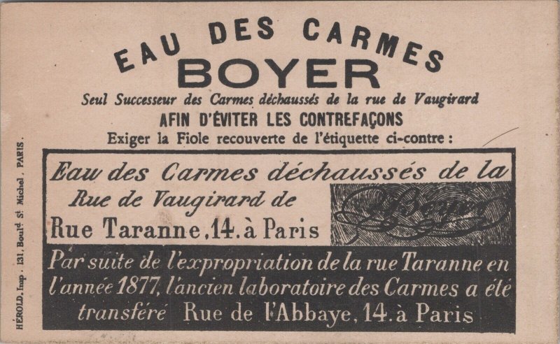 Victorian Trade Card Eau des Carmes Boyer Être Attaché à quelqu'un! L1