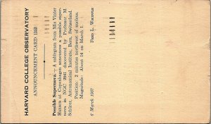 1957 HARVARD COLLEGE OBSERVATORY ANNOUNCEMENT CARD SUPERNOVA POSTCARD 38-97