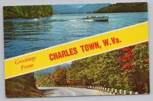 State View~Road In Mountains & Boat On Lake Charlestown WV~Vintage Postcard