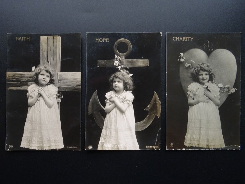 Greetings 3 x LITTLE GIRL as FAITH HOPE & CHARITY c1906 RP Postcards by Rotophot