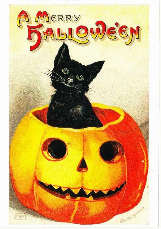 Halloween Repro Postcard #23 Cat in Jack-o-Lantern A Merry Halloween