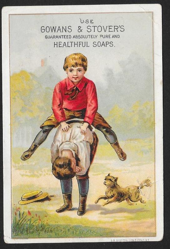 VICTORIAN TRADE CARD Gowans & Stovers Healthful Soap Boy Jumping Over Other Boy