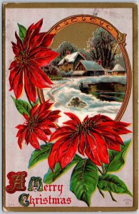 A Merry Christmas, 1910 Poinsettias & Winter Cottage Scene Gold Frame, Postcard