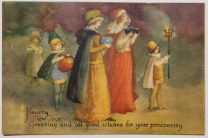 New Year Wishes Prosperity Ladies Children Bring Gifts Postcard U27