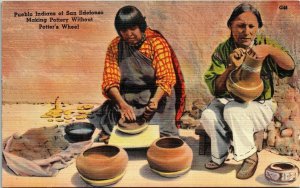 Pueblo Indians San Ildefonso Pottery Linen Postcard Tichnor VTG UNP Vintage 