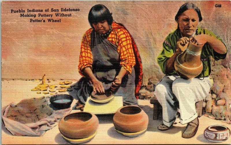 Pueblo Indians San Ildefonso Pottery Linen Postcard Tichnor VTG UNP Vintage 