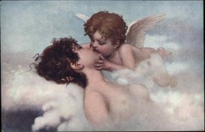 Martens Art Nouveau Cupid Kissing Nude Woman Fantasy c1910 Vintage Postcard