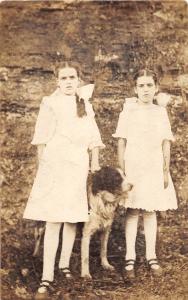 A77/ Animal Real Photo RPPC Postcard c1910 Pet Dog Girls Dresses 28